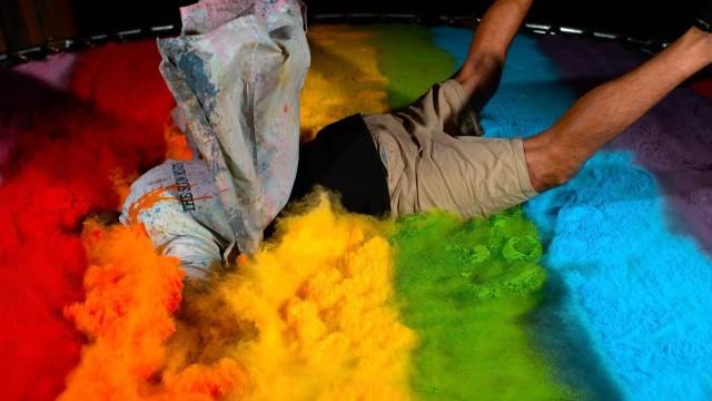 Diving on a Paint Covered Trampoline in Slow Mo