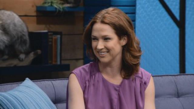 Ellie Kemper Wears a Purple Ruffled Sleeveless Top & Lavender Flats
