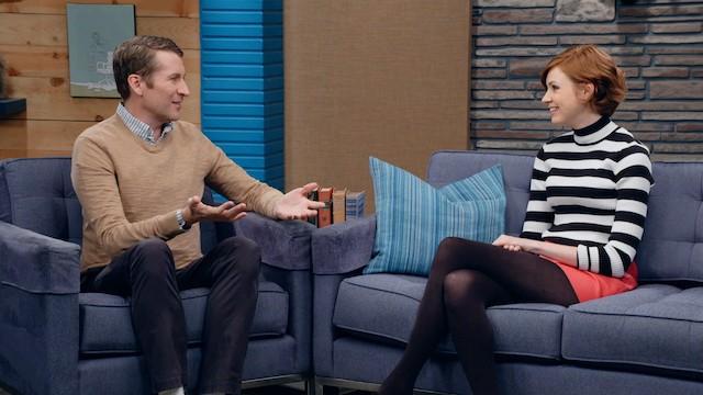 Karen Gillan Wears A Black and White Striped Pullover and Coral Skirt